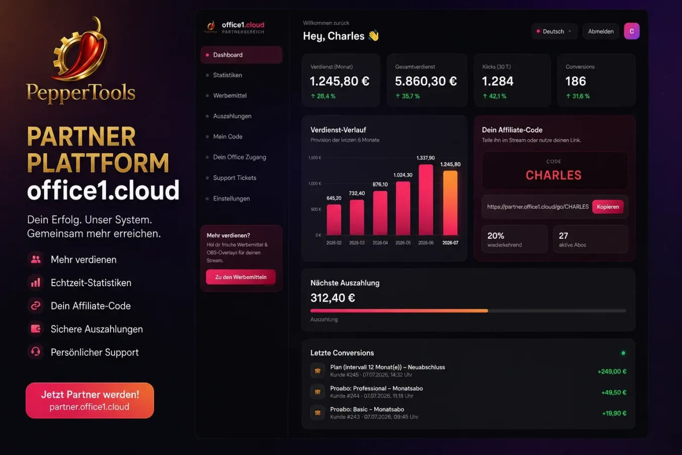 Affiliate-Programm: 20 % wiederkehrende Provision mit office1.cloud